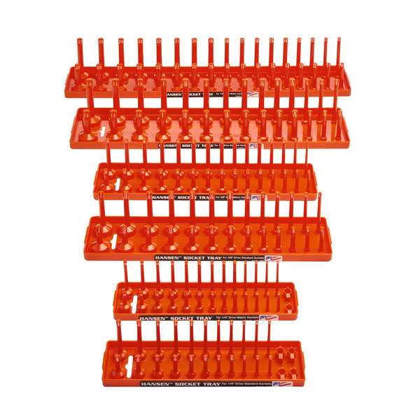 Hansen Metric and Fractional Socket Tray Set for 1/2", 1/4" and 3/8" Drive Sockets, Orange, 6 Pieces 92002